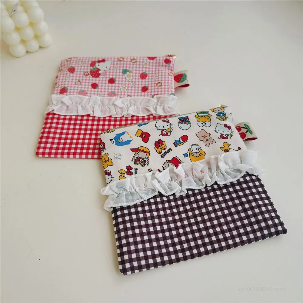 Sanrio Hello Kitty Lace Splicing Square Zipper Bags 2 Piece Set Plaid Storage Small Items Pocket For Women Y2k Cute Purse Pouch