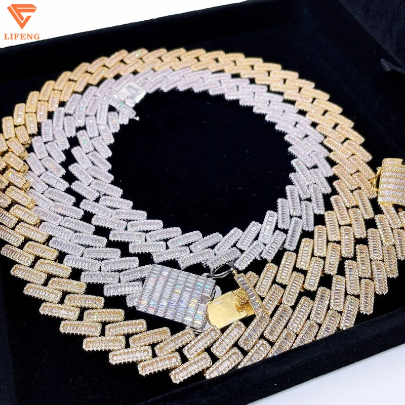 In Stock HipHop Iced Out Baguette Cut S925 VVS Moissanite Gold Silver Plated 16mm Miami Cuban Link Chain Men Necklace Jewelry