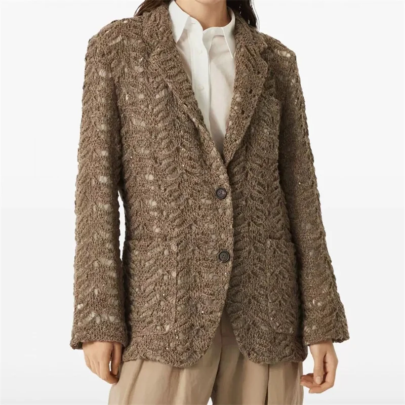 

Women's jacket New elastic knitted hollow out long sleeved top for autumn 2025 Single breasted slim fit suit jacket y2k blazer