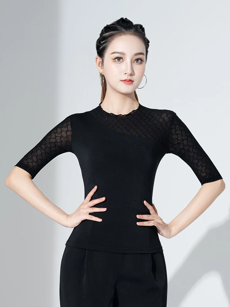 2025년 신상 라틴 댄스 홀로우 반소매 탑 여성용 국가 표준 댄스 차차 룸바 볼룸 모던 댄스 의상 DQL11678