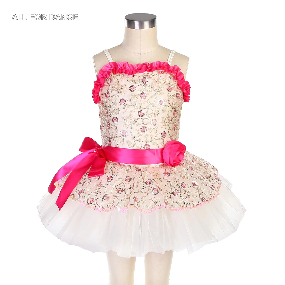 16058 gestickte Blumen Und Pailletten Messh Top Mit Rose Rot Bogen Ballett Tutu Für Kind Bühne Leistung Dance Kleid