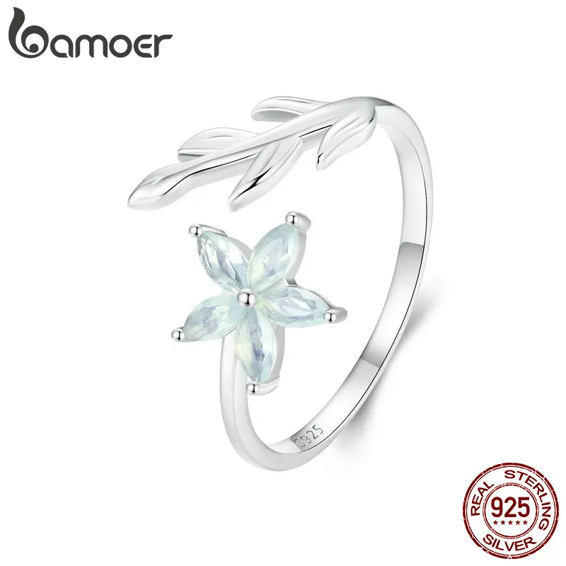 Bamoer 925 Sterling Silver Exquisite Flower Opening Ring Leaf Adjustable Ring for Women Birthday Gift Fine Jewelry