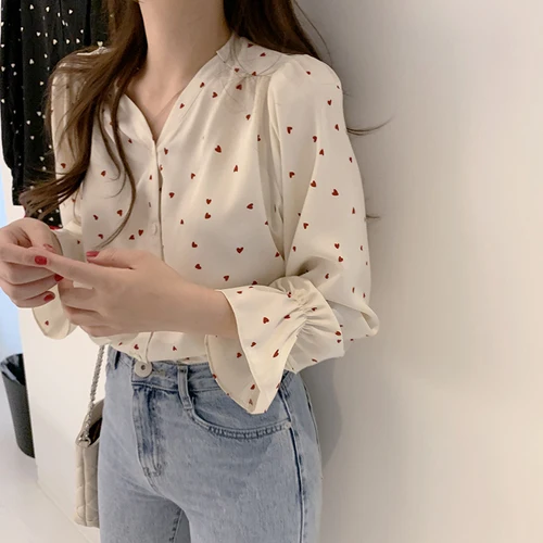 

Chic V-ne Long Sve Women's irt Floral Print Chiffon Korean Sle Retro Hong Kong Flavor Personali Design Trendy Top