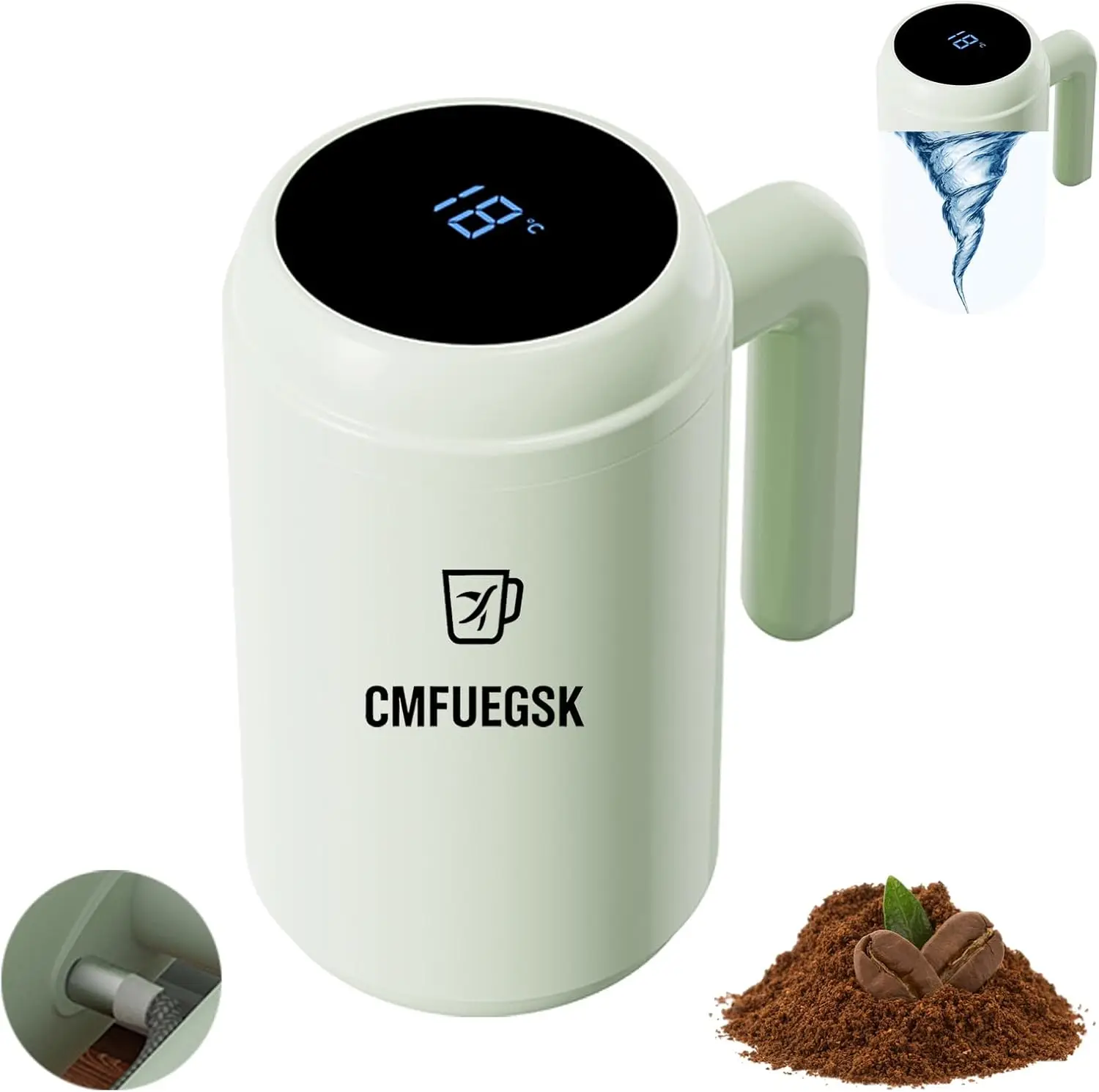 

Self Stirring Coffee Mug with Temp Display, 316 Stainless Steel Auto Mixing Cup – 14.2oz, Mint Green