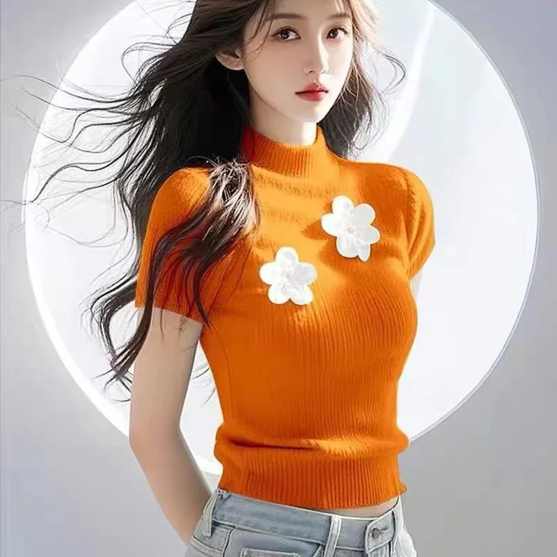 

Flower Semi-turtleneck Short-sleeved Knitted Sweater Women's Thin Summer Super Good-looking Unique and Beautiful Top Slim Base
