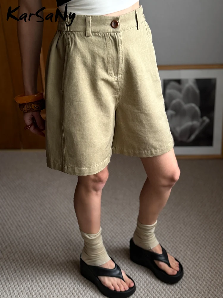 KarSaNy Pantalones cortos de verano beige para mujer, pantalones cortos informales holgados de lino con pierna ancha, pantalones cortos elegantes de liocel para mujer, Bermudas, azul marino