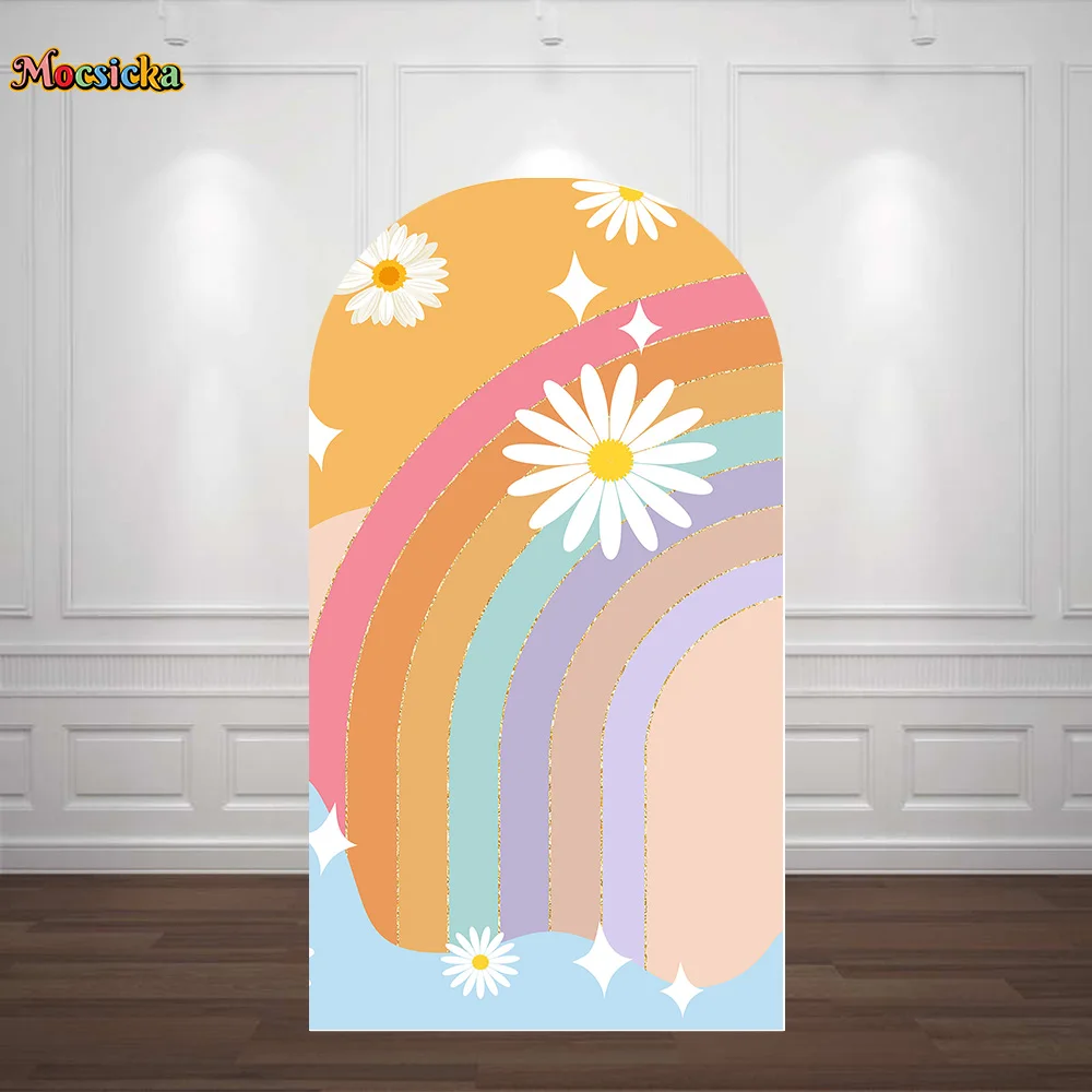 

Boho Rainbow Girls Birthday Party Arched Cover Background Groovy Daisy Baby Glitter Backdrop Custom Dessert Table Photobooth