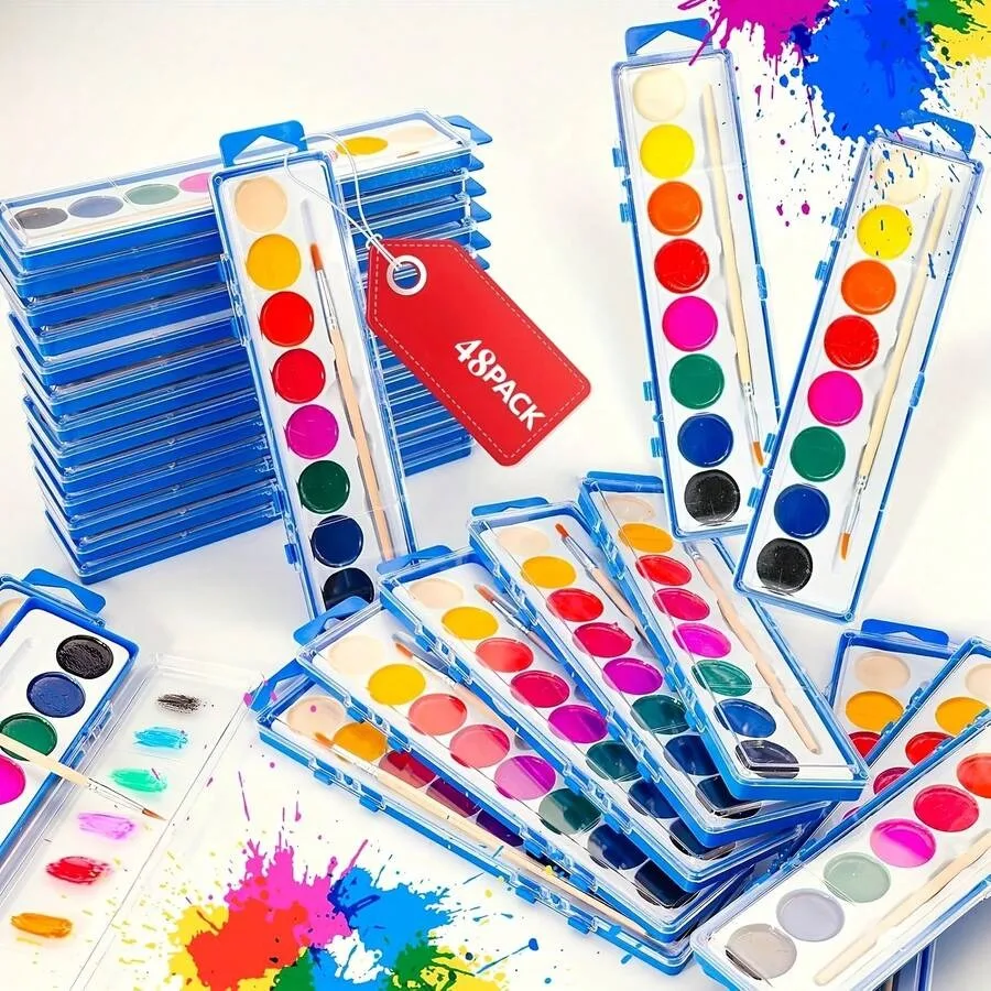 

48pcs Watercolor Paint Set - High-Quality Art Tools, 8 Washable Bright Colors With Paintbrushes, Bulk Watercolor Paint For Part