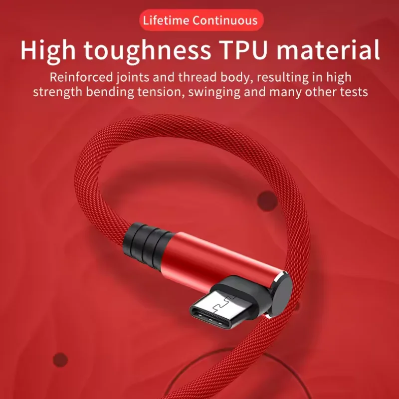 L‑Shape Right Angle Type‑C Fast Charger Cable Nylon Braided Durable Anti‑Break Charging Cord 1m 2m For Huawei Xiaomi Samsung