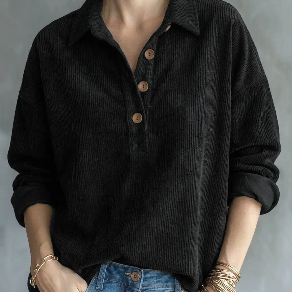 Elegant Corduroy Blouse Women Vintage Polo Collar Long Sleeve Shirt Casual Fall Winter Soft Comfortable Basic Tops