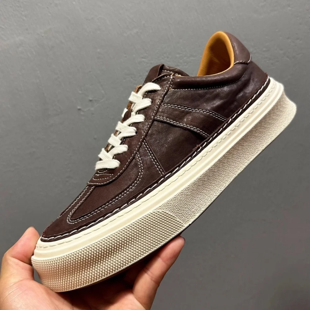

QHCCIDMen's Casual LaceUp Thick Platform Skateboard Shoes round Toe Breathable Cowhide Genuine Leather Fashion Trainers Sneakers