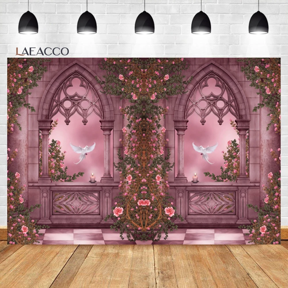 Laeacco Medieval Castle Interior Backdrop Painted Pillars Brick Floor Arched Window Kid Birthday Portrait Photography Background