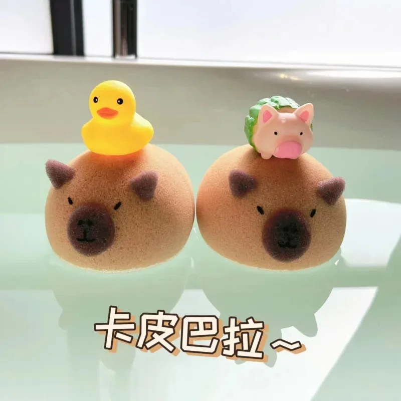 Capybara-Bola de esponja de baño, cepillo de limpieza corporal, esponjas de burbujas, Animal de dibujos animados, accesorios de baño