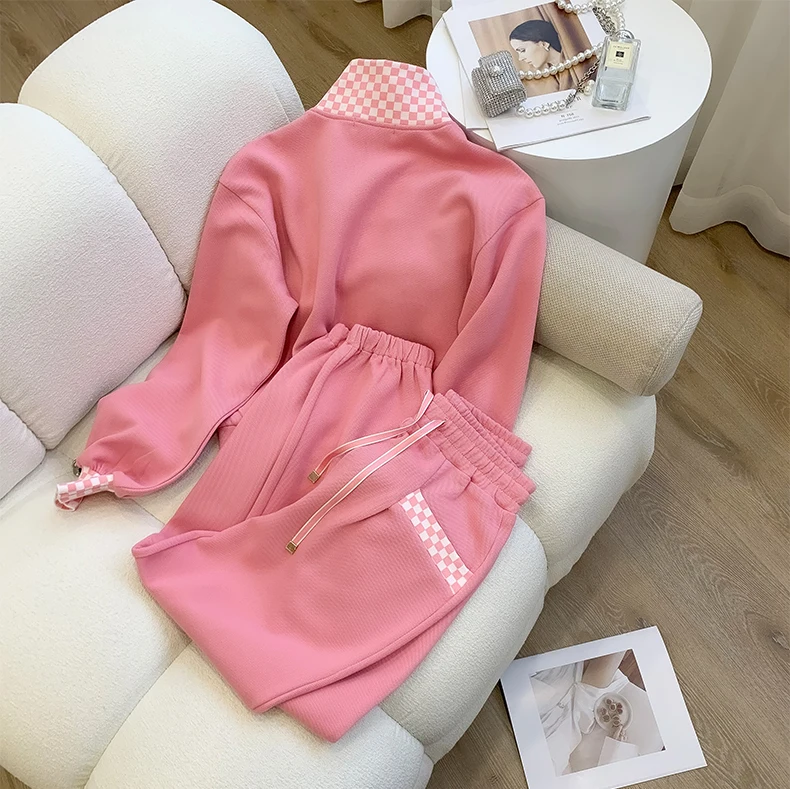 Autumn Women Sportwear Suit 2 Piece Set Casual Pink Plaid Tracksuit Short Coat Sweatshirt Top + Pant Sets Outfits Workout Sets