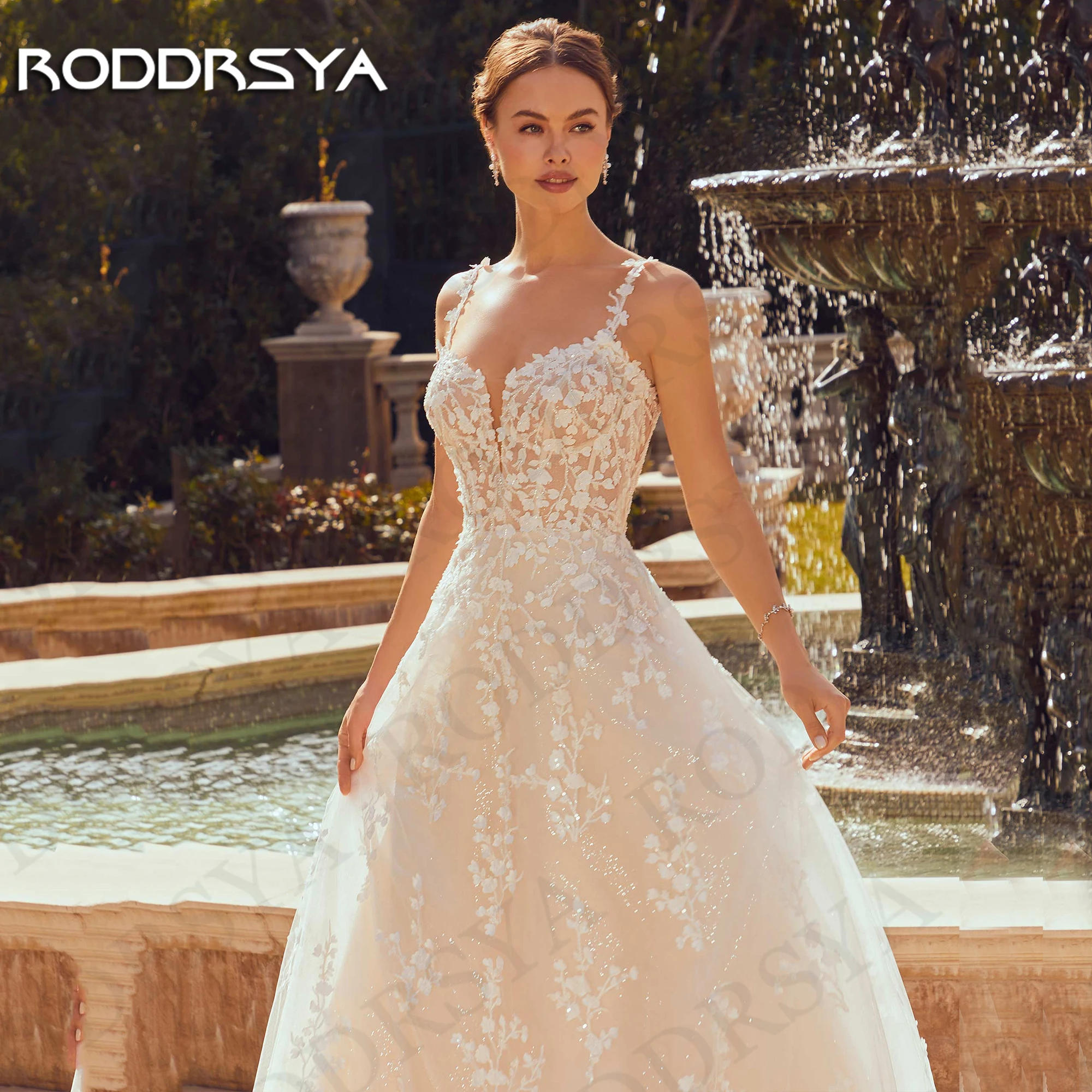 RODDRSYA A Line Appliques Wedding Dress 2024 Luxury Shiny Tulle V Neck Spaghetti Straps Bridal Dresses vestidos de boda 2024