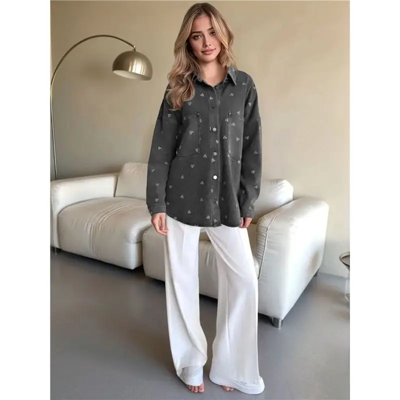 AB66-قميص دينيم نسائي بأزرار من قماش الدنيم سترة خريفية مطبوعة كاجوال قميص علوي