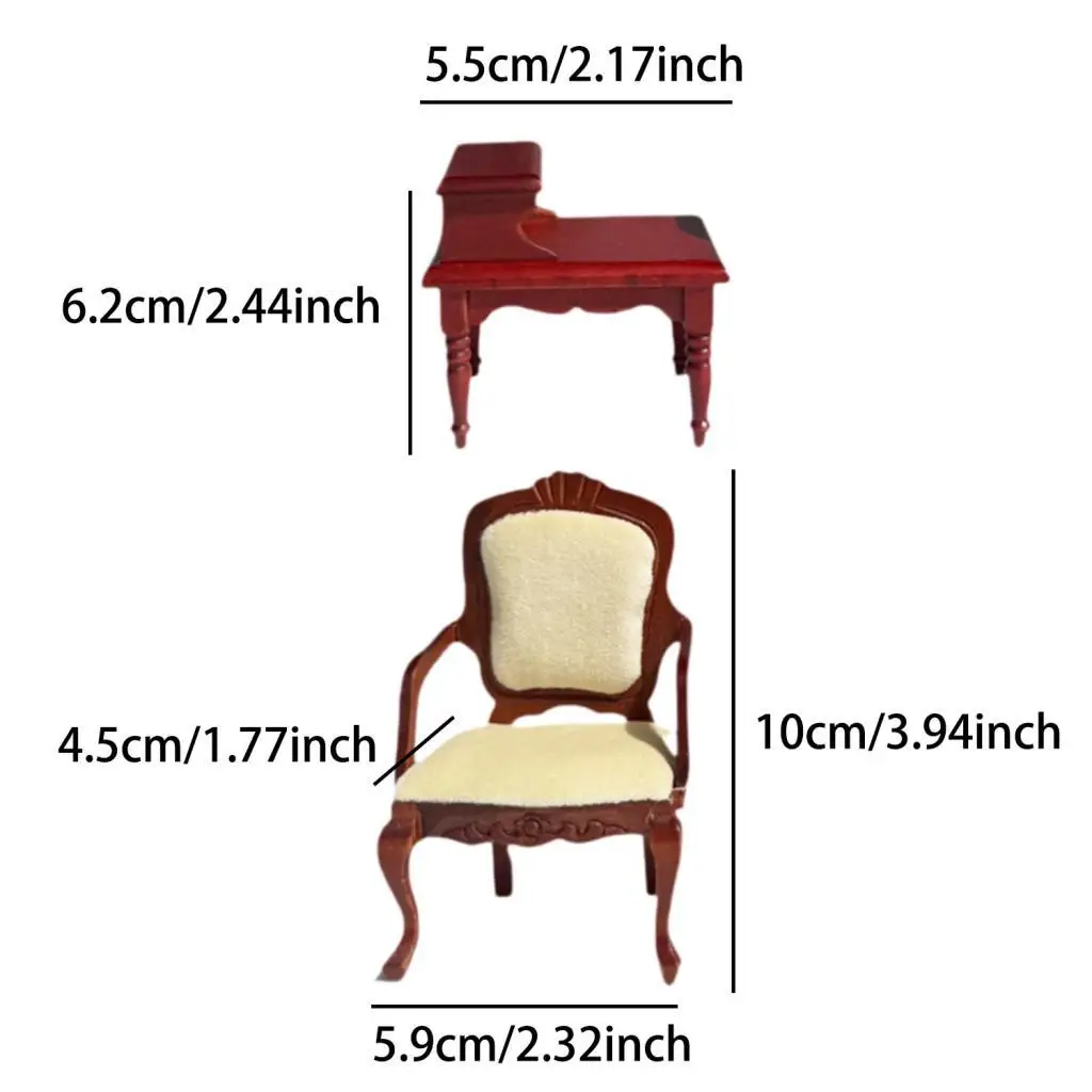 3 Pieces 1:12 Scale Wooden Doll House End Table and Armchairs Miniature Living Room Set Simulation Life Scene Mini Furniture