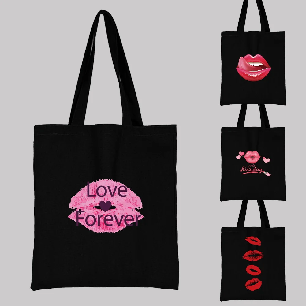 Harajuku Style Shopping Bag Fashion Sexy Lips Pattern Series Shoulder Bags Black Print Shopper Dropshipping Canvas Tote Bag