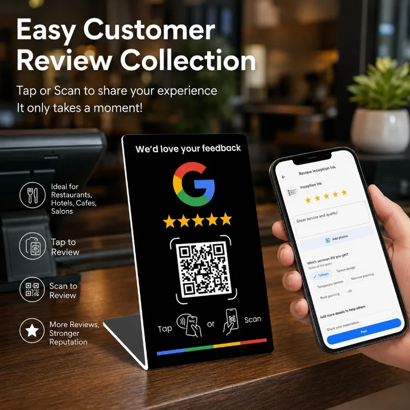 1/5PCS Acrylic NFC Review Card Stand, Tap or Scan Google Feedback Sign with Dynamic QR Code, Black or White