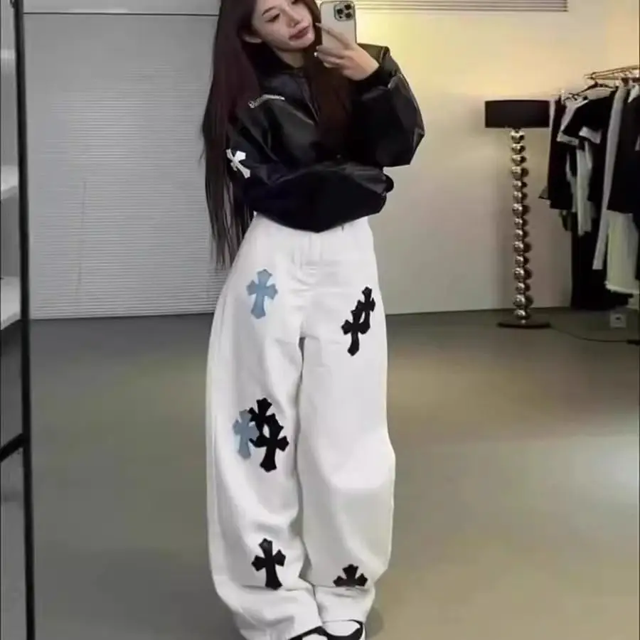 Pantalones vaqueros de pierna ancha con cruz blanca coreana de alta calidad para mujer, nuevo aspecto de verano y otoño, pantalones de pierna recta holgados y ajustados