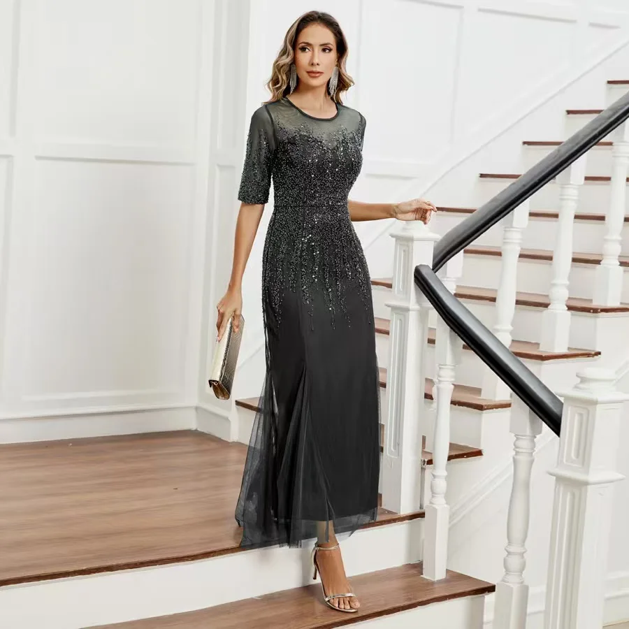 

European and American Chiffon Fish Tail Sequin Long Skirt Suitable for Stage and Banquet Evening Dresses 2025 Women's Clothing