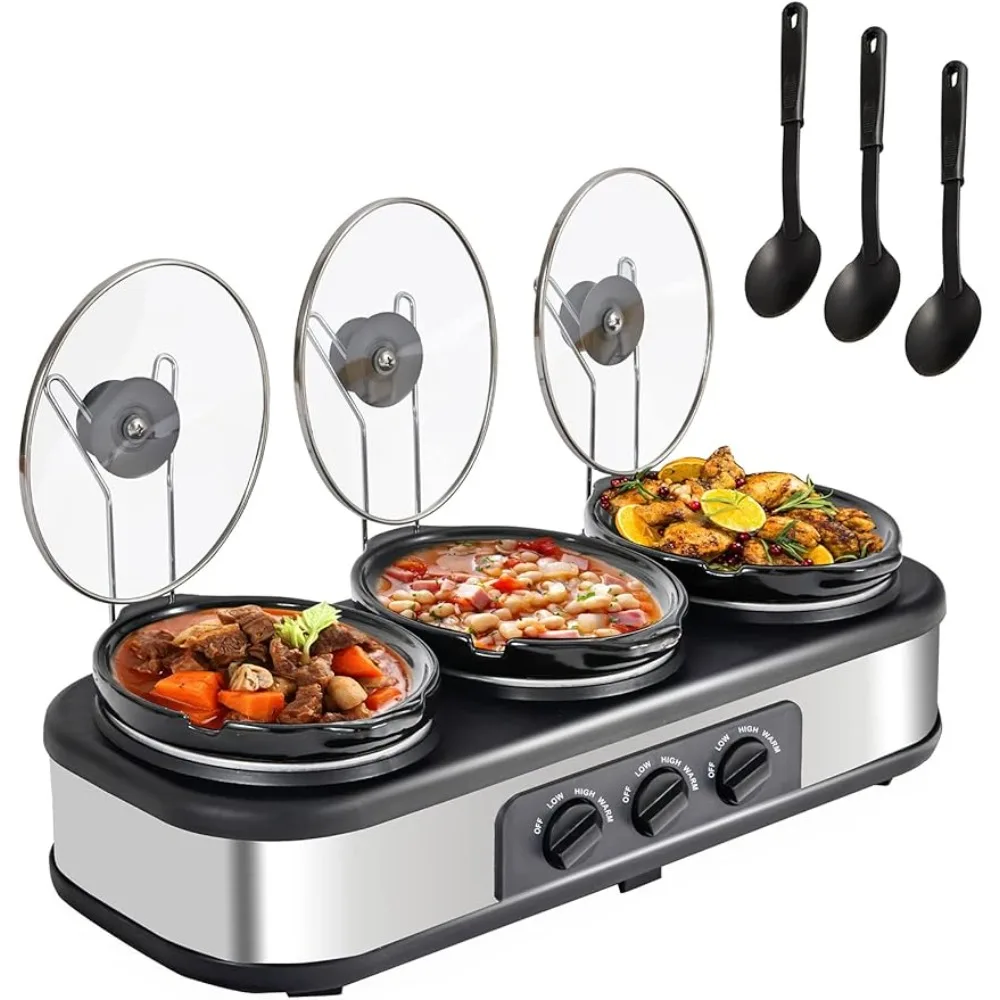 

Triple Slow Cooker, 3 X 1.5QT Mini Individual Pots, Server and Warmer, Safe Ceramic Pots & Glass Lid, Stainless Steel