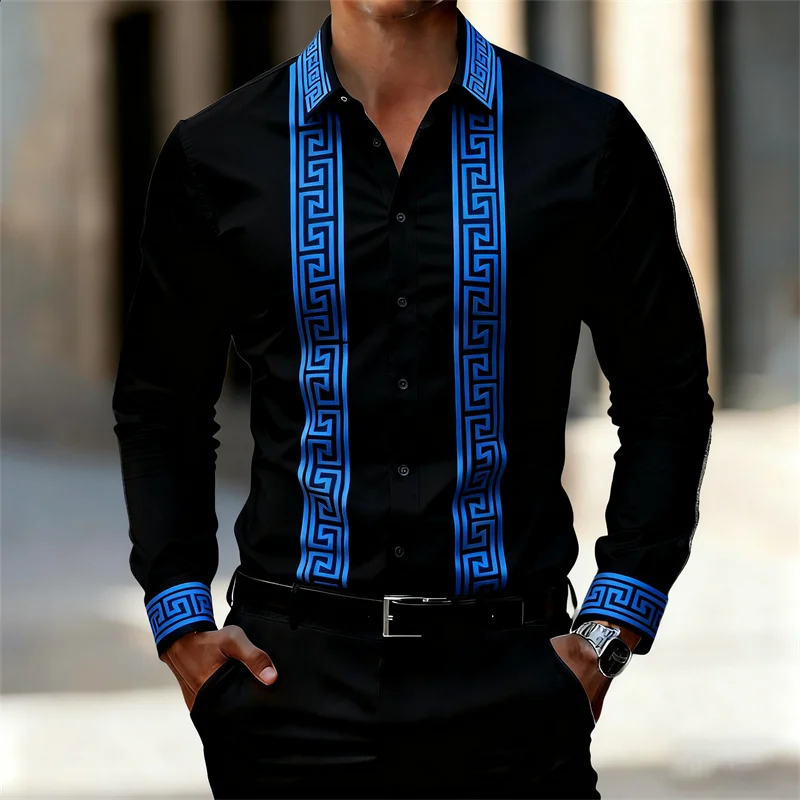 Men's Retro Geometric Print Shirt, Stylish Long-Sleeve Black Shirt, Business Casual Men's Top, Multiple Colors Available, XS-6XL - Image 3