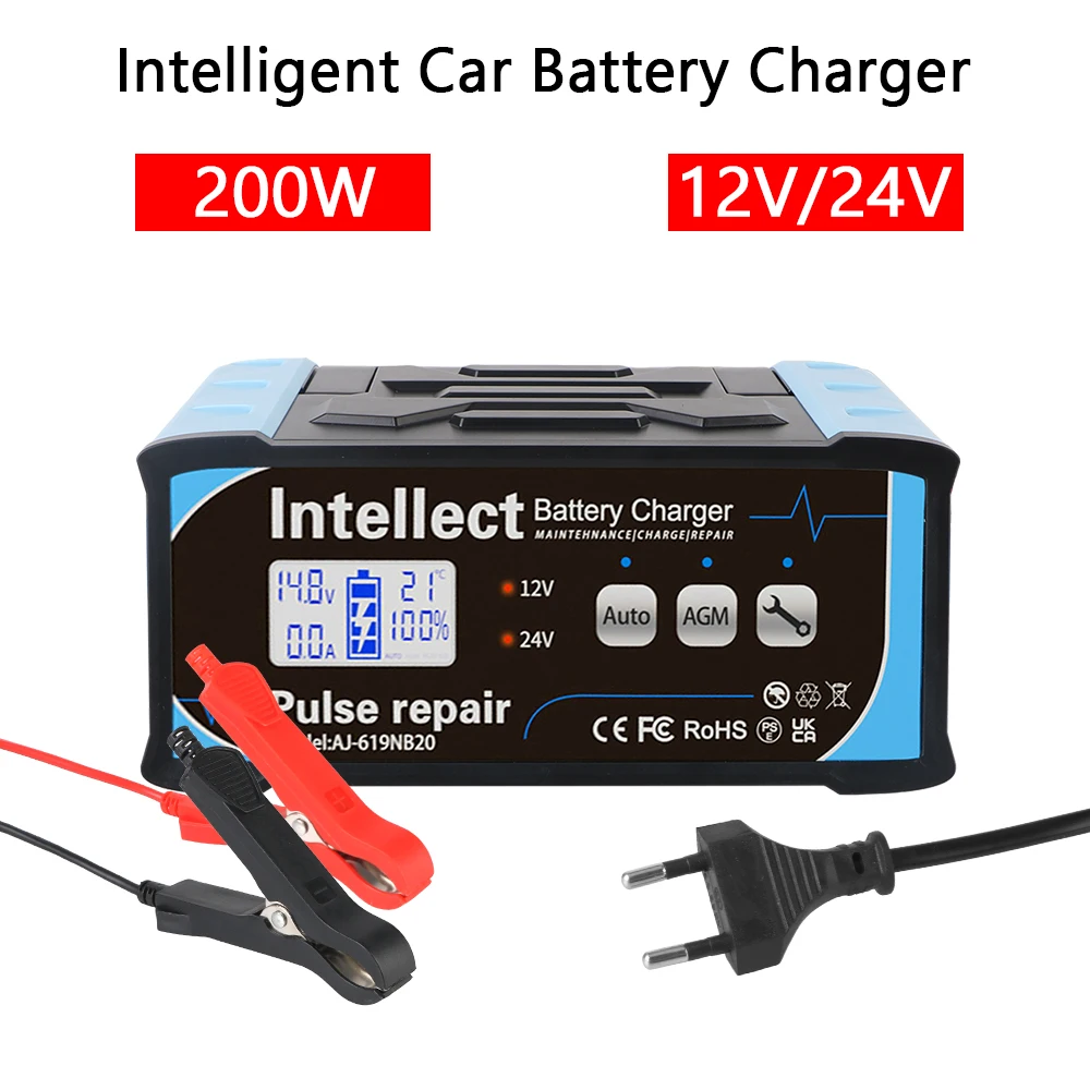 

Car Battery Charger EU US Plug Pulse Repair For Lead Acid Batteries 12V/24V High Power 200W LCD Display Fully Automatic