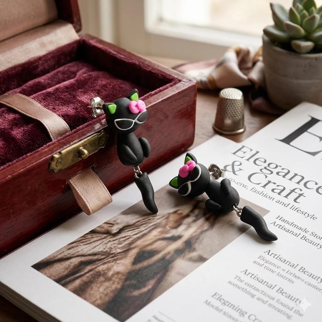 Handmade Black Cat Polymer Clay Stud Earrings For Women Cute 3D Animal Pink Bow Ear Jackets Front Back Piercing Jewelry