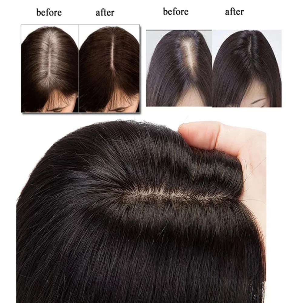 15x 16cm Topper Rambut Sutra Lurus dengan Klip untuk Wanita, Toupee Rambut Asli Rusia 100% yang Bernapas, Warna Alami