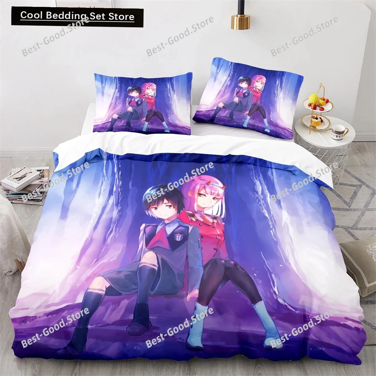 Darling In the Franxx Anime Duvet Cover Set with Pillow Covers Polyester Teens Kids Bedding Set Full Queen King Size Bed Linen