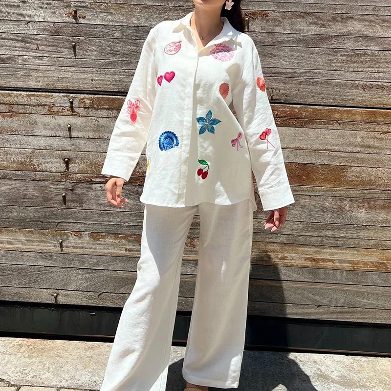 LIBIELIY Fashion Commuting Floral Embroidery Outfits Casual Lapel Long Sleeved Shirt & Long Pant Set Women Elegant Loose Office