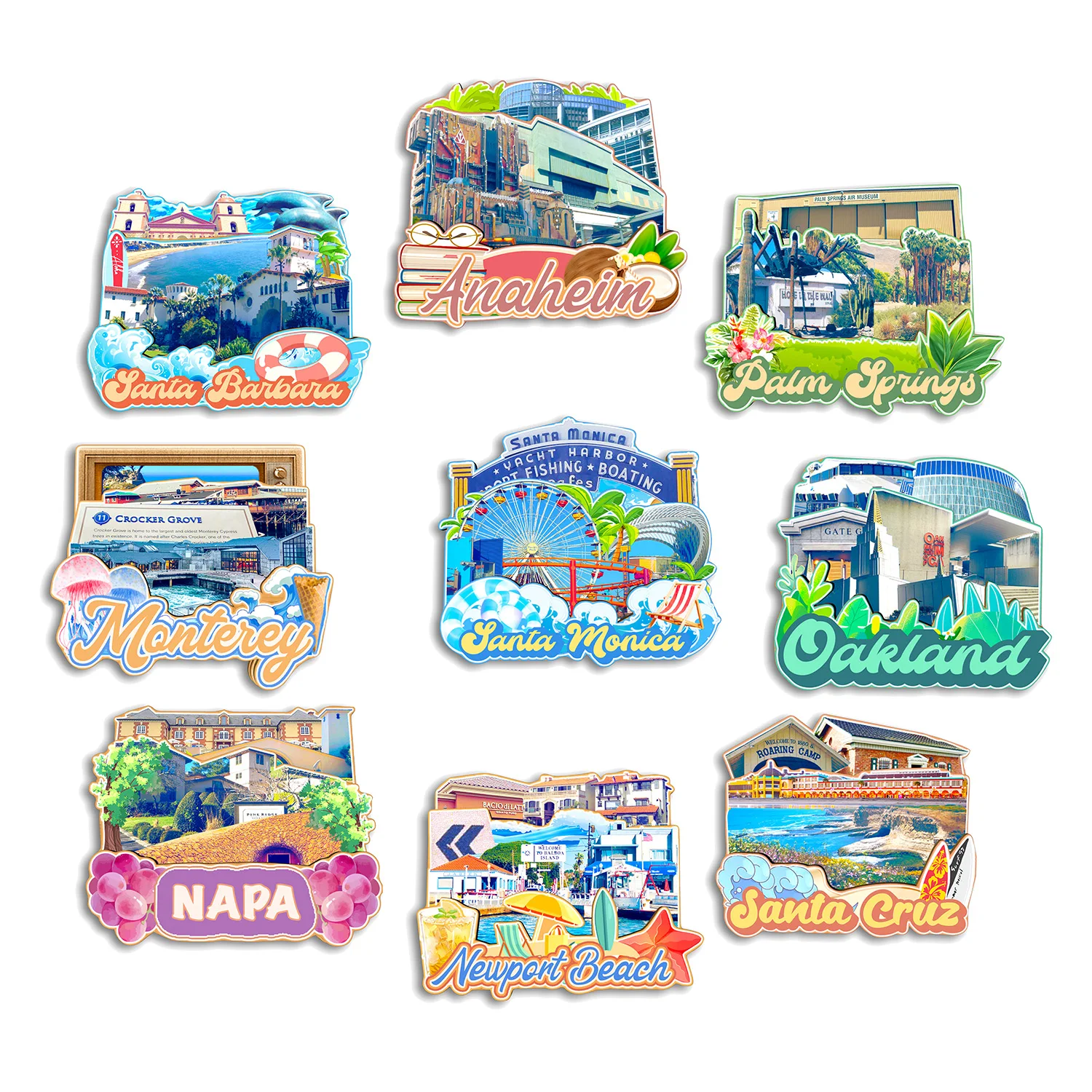 Oakland Santa Cruz Newport Beach Napa Santa Monica Monterey Santa Bárbara Califórnia EUA Ímã de geladeira Presente de lembrança de viagem
