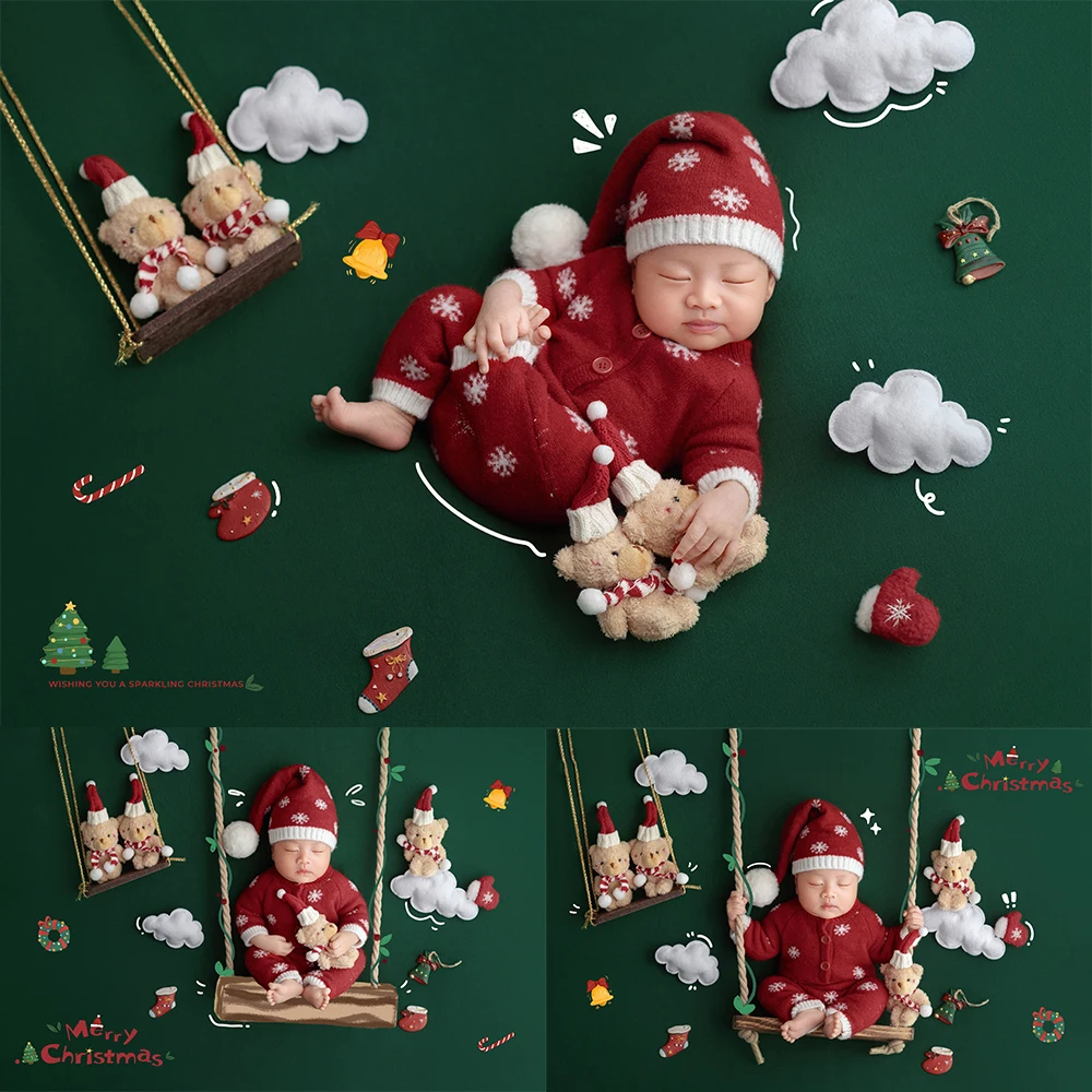 Newborn Christmas Photography Props Set Knit Red Snowflake Baby Photo Costume Mini Plush Bear Holiday Decor for Studio Shooting