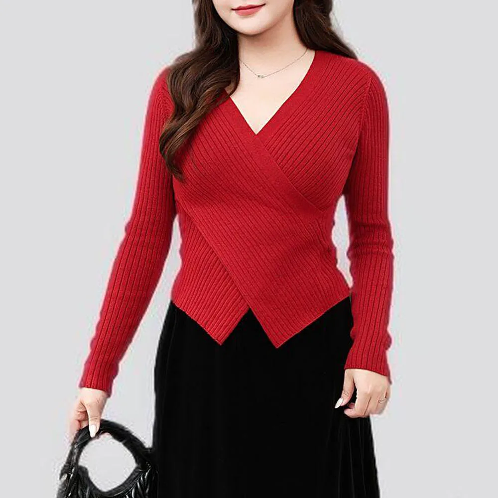 V-Neck Cross Gentle Ins Style Knitwear Women XL XXL Autumn Winter 2024 Good Quality Jumper Sexy Slim Knit Pullover Sweater