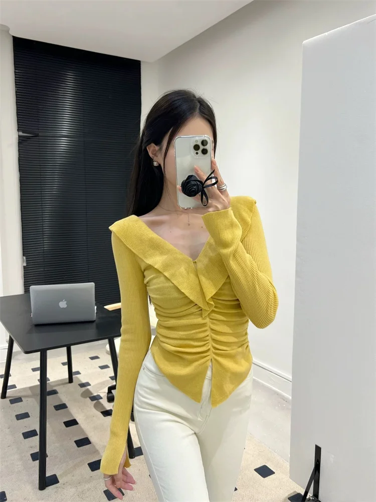 

Slim Fit Knitted Top with Ruffle Hem V-Ne Pleated Waist Cinching Faionable Bony Pure Desire Little irt Sweet Sle Long...