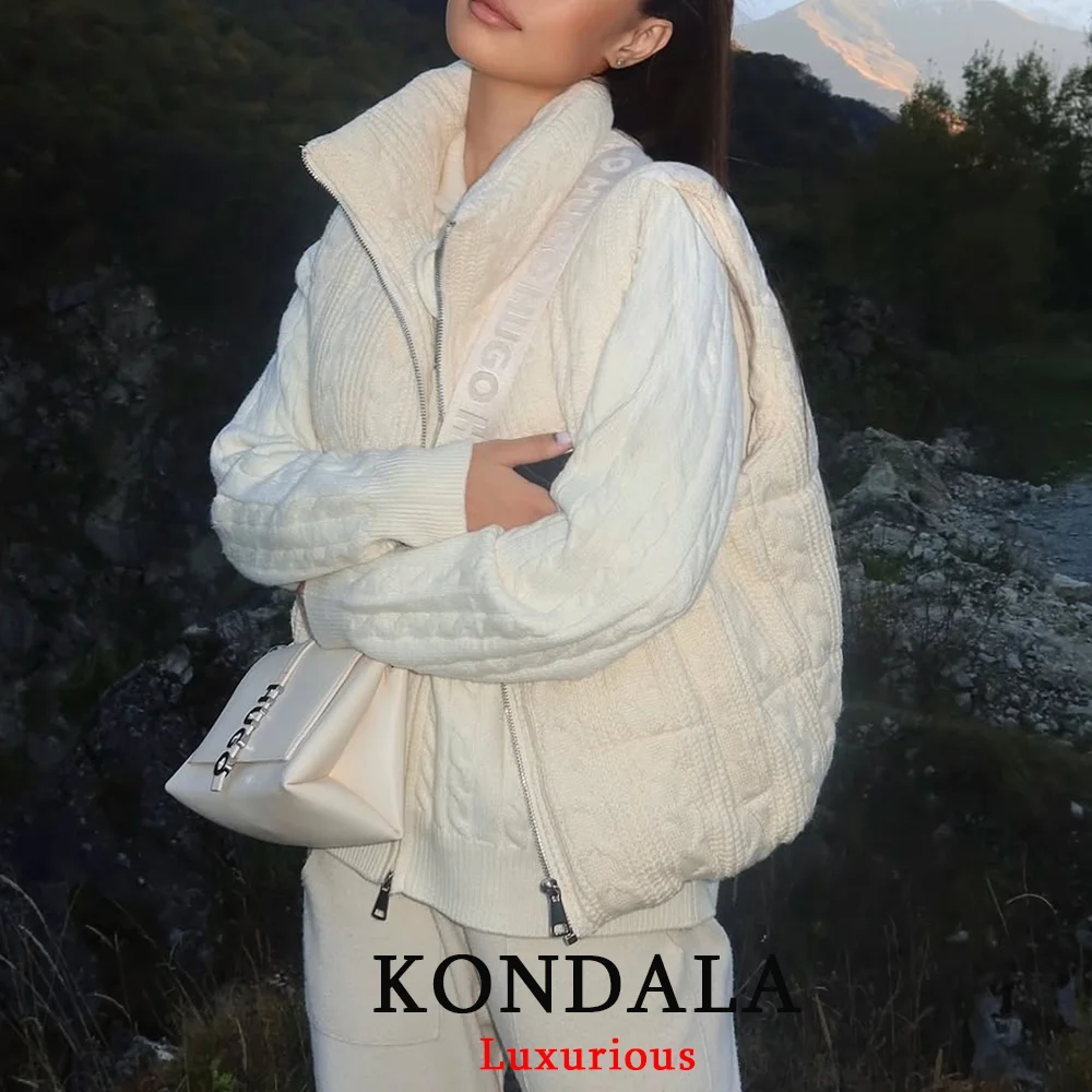 KONDALA Chic Beige Knit Women Waistcoats Women Zipper Pockets Turtleneck Padded Vest Jakcets Women Fashion 2025 Autumn Outwears