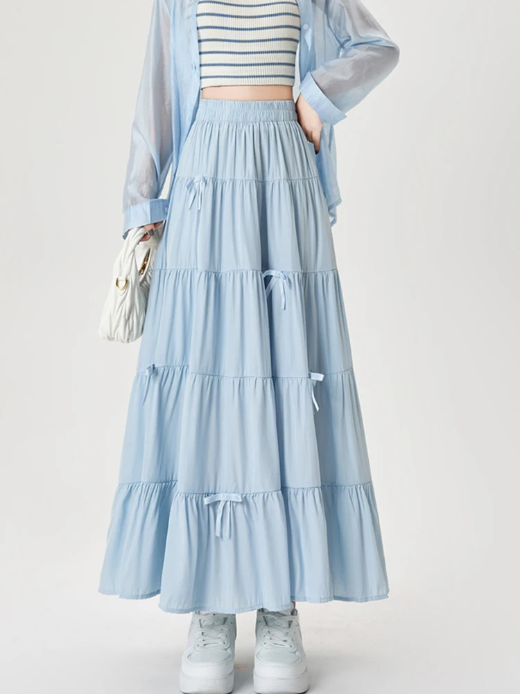 

Bow Sweet Long Skirts Women Elegant Preppy Style High Waist A Line Skirt Cute Japan Loose Casual Lady Fashion Kawaii Skirt