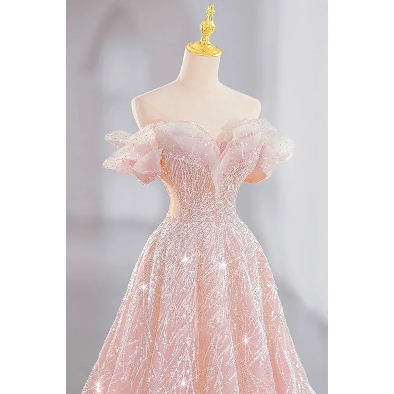 Elegant Pink Fleeing Princess Evening Gown Women's High-End Luxury Engagement Toasting Dress Slimming Long Wedding Dress