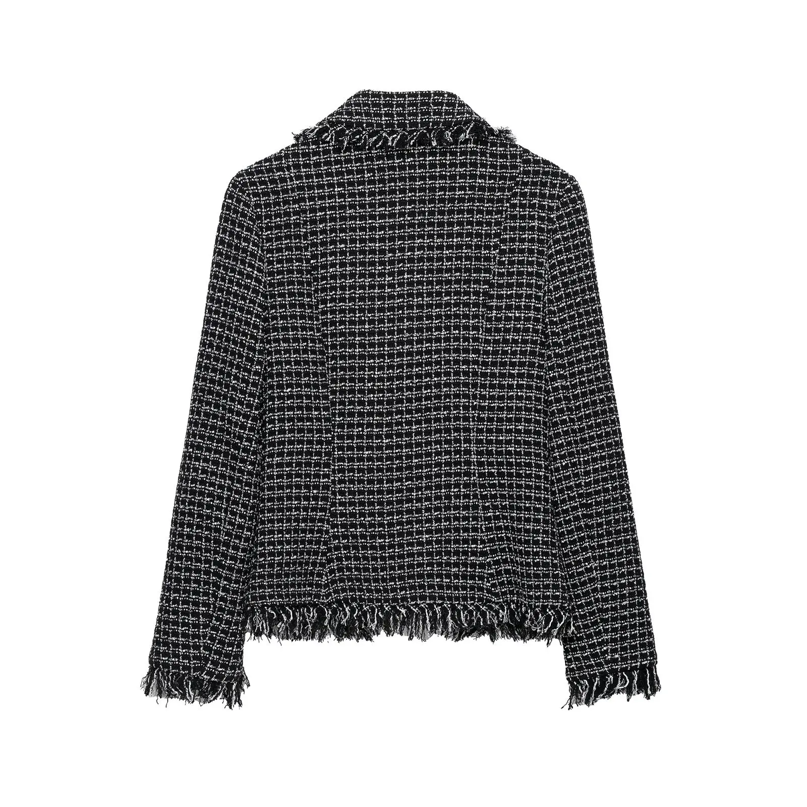 Womens Vintage Black White Plaid Tweed Jacket Raw Edge Fringe Trim Single Breasted Short Coat Elegant Office Blazer Tops