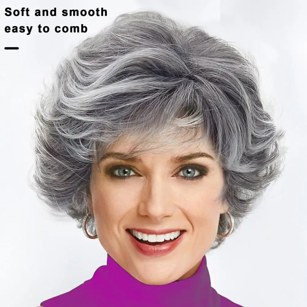 Women Wig Silver Gray White Short Wavy Curly Wigs With Bangs Natural Middle-aged Style Synthetic Wigs For Daily Cosplay Party