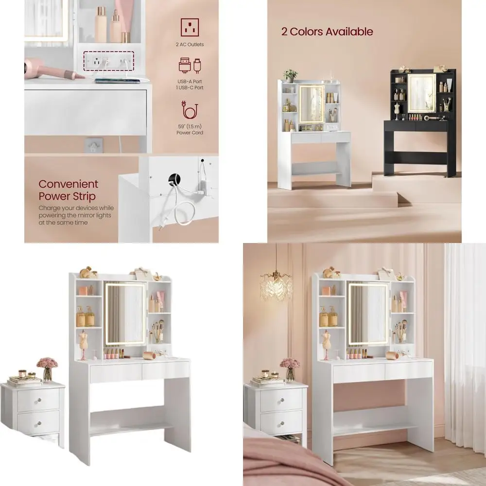 

Туалетный столик Cloud White для макияжа со светодиодной подсветкой, розетками, зеркалом и хранилищем для спален — URDT031WB02S