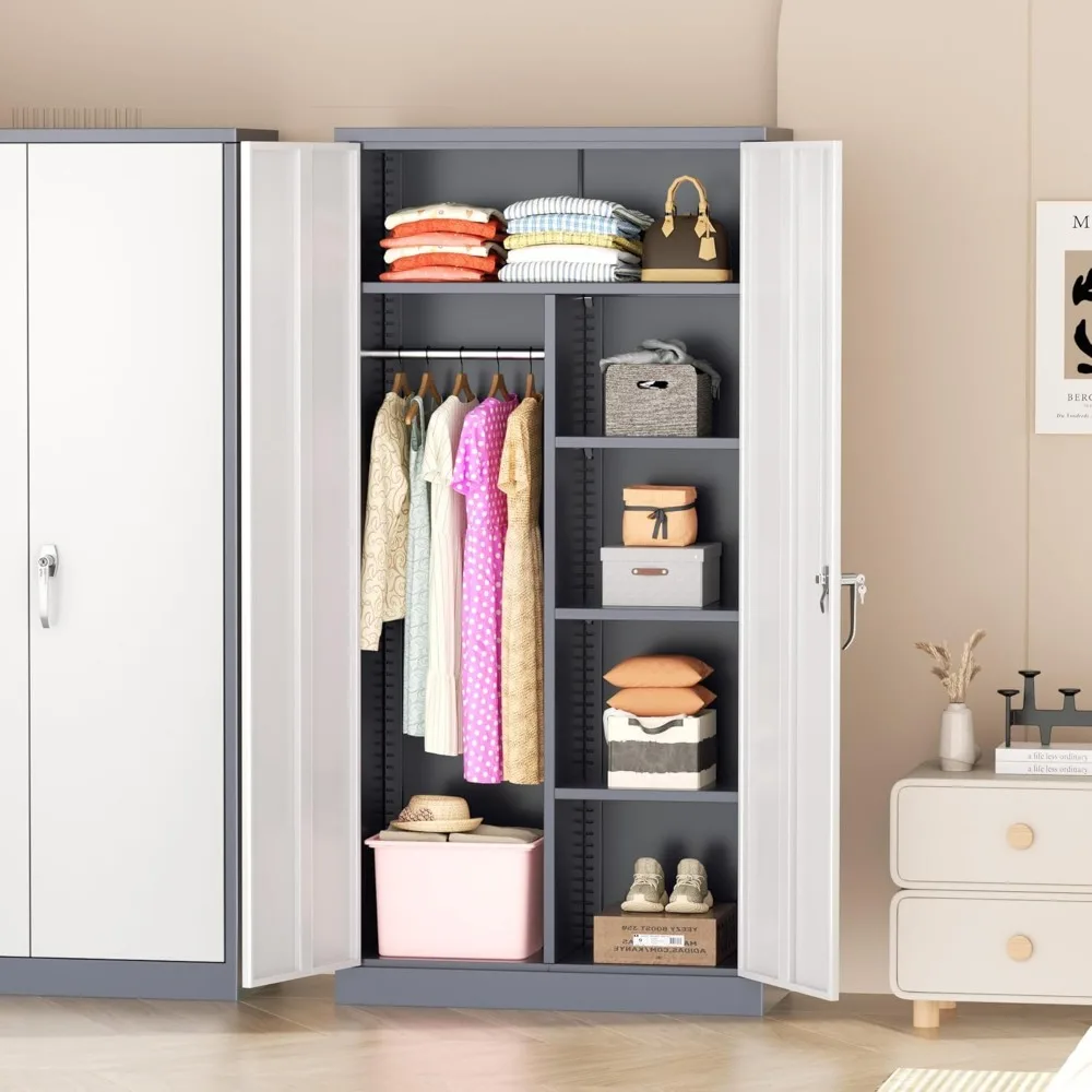 خزانة ملابس معدنية مع قفل، 72 قضيب تعليق ومنظم خزانة أرفف قابلة للتعديل