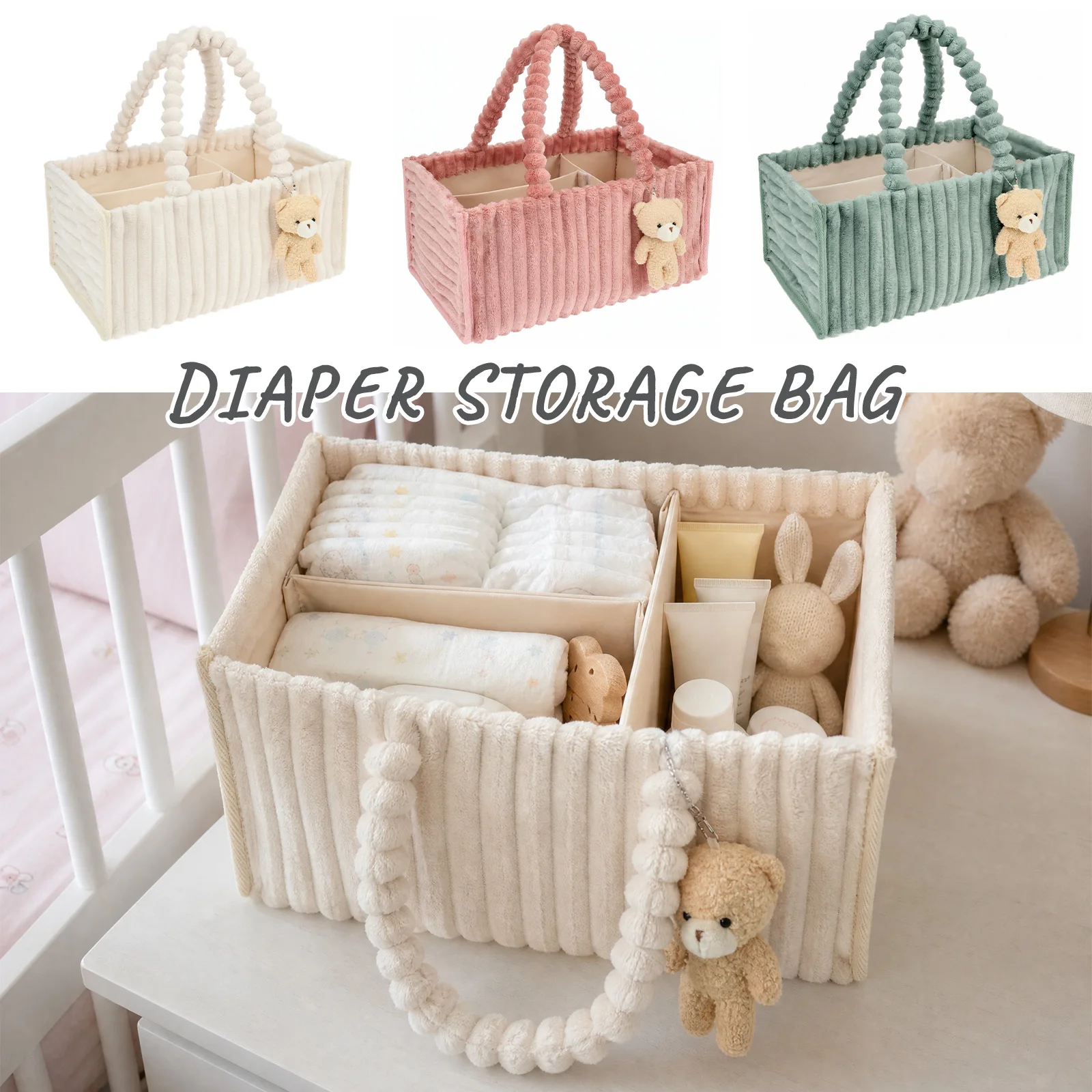 Baby Diaper Caddy Organizer Corduroy Diaper Storage Basket with Handle Foldable Multi-pocket Newborn Nappy Storage Organizer