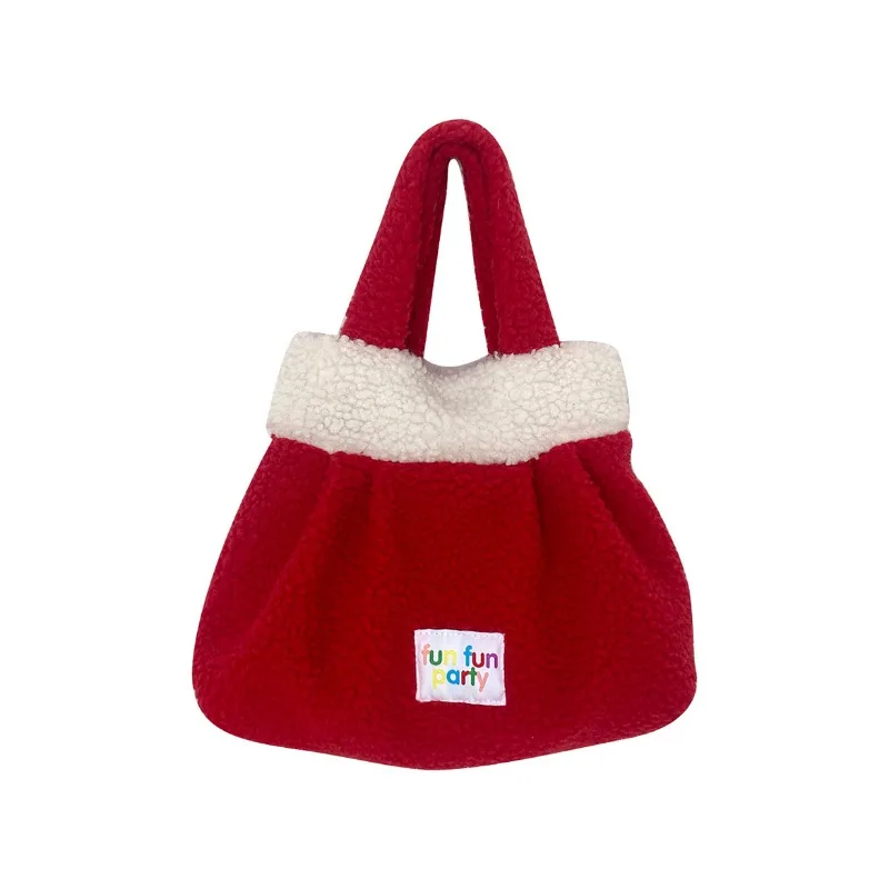 Sac à main en peluche pour parents et enfants, sac de bénédiction de Noël et du Nouvel An, grand sac à bento en laine d'agneau rouge, automne et hiver, nouvel article