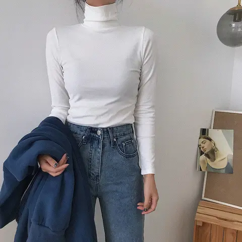 가을 긴 소매 터틀넥 탑 슬림 니트 Bottoming T 셔츠 한국 패션 스웨터 하라주쿠 풀오버 여성 의류 점퍼