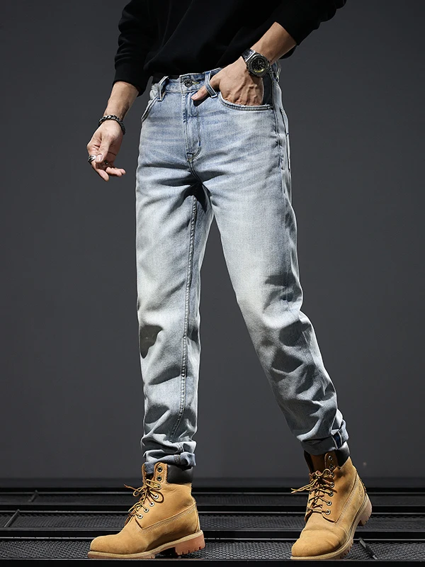 

High-End Vintage Denim Men's Straight Leg Elastic Casual Jeans Autumn Wear Comfortable Fit Durable mid Waist Zipper Fly