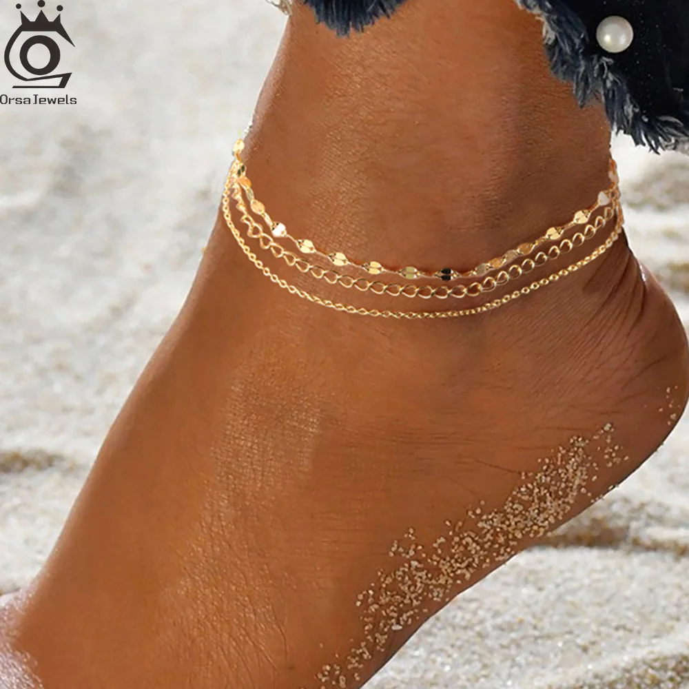 ORSA JEWELS Genuine 925 Sterling Silver Three Layered Chain Anklets Beach Sexy Dainty Foot Accessories Fine Jewelry Gift SA58