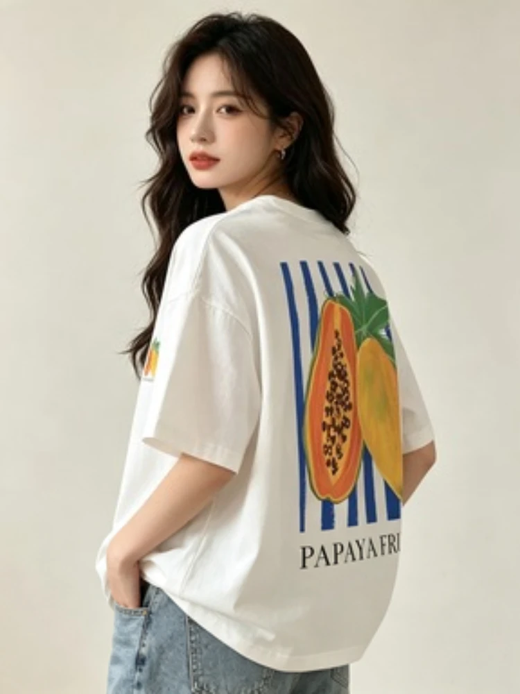 Camiseta con estampado de frutas de papaya a rayas de colores, camiseta informal y relajada para hombres y mujeres, para viajes, vacaciones, uso diario y looks urbanos con estilo.