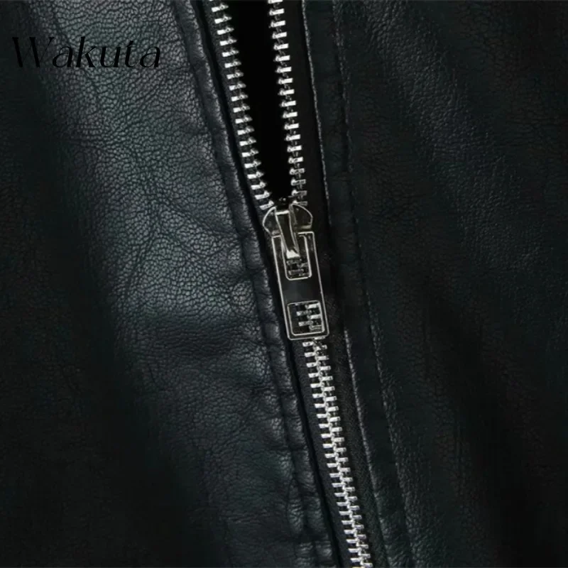 WAKUTA-Tops de couro sintético com gola clássica, manga comprida, solto, casual, retrô americano, básico simples, outono